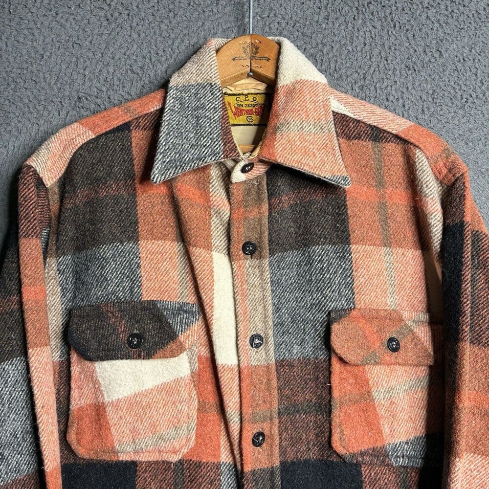True Vintage 60s CPO Wool Shirt Shacket Mens Large Check Plaid Flannel USA - Picture 2 of 14